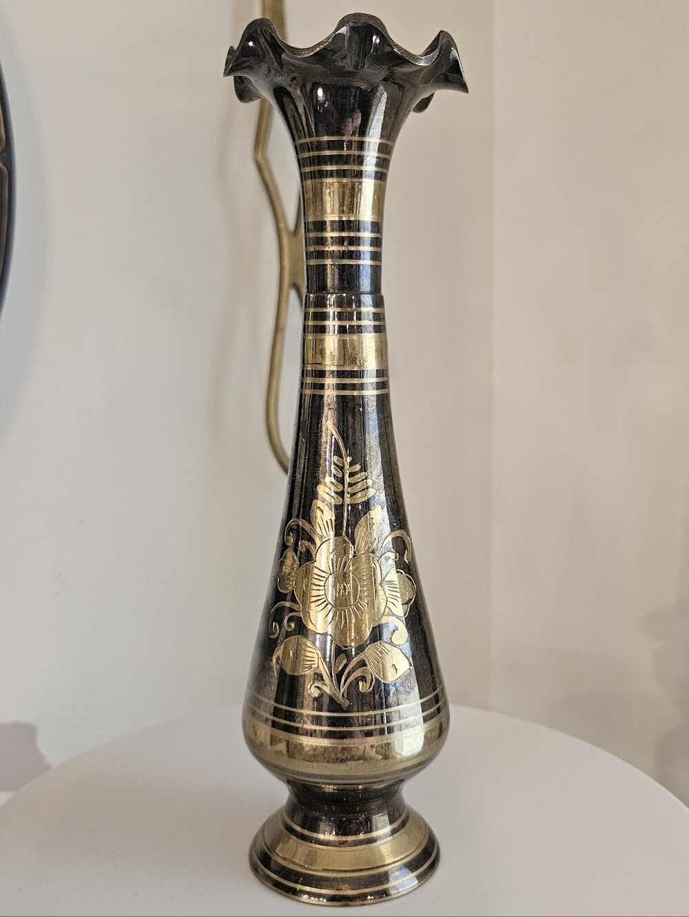 Vintage Brass Floral Etched Vase